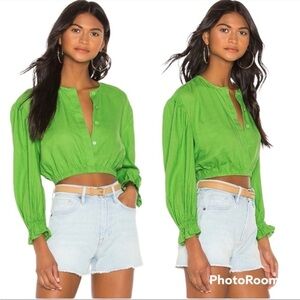 L'Acadamie The Vera Blouse Linen Blend Long Sleeve Cropped Top XS Lime Green